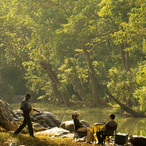 Couple having breakfast in the woods in India