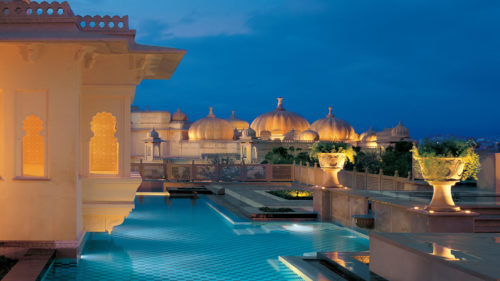 The Oberoi Udaivilas pool at night