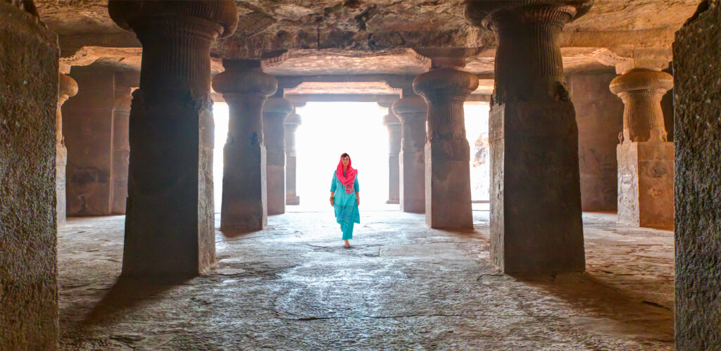 Hindu sculptures in the cave at Elephanta Island in Mumbai, India