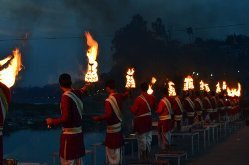 Majestic Aarti ritual at Magh Mela Allahabad in India