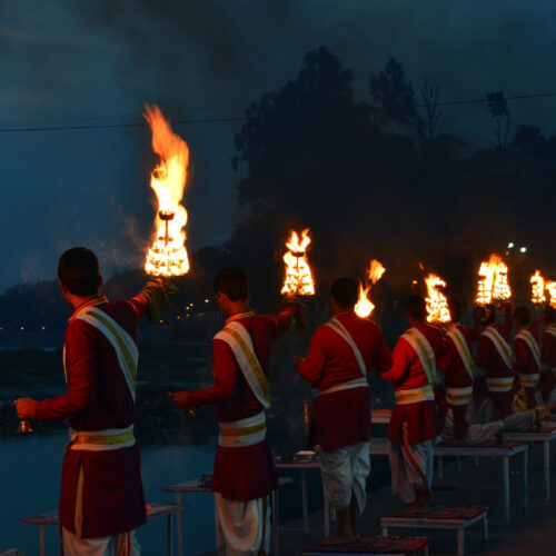 Majestic Aarti ritual at Magh Mela Allahabad in India